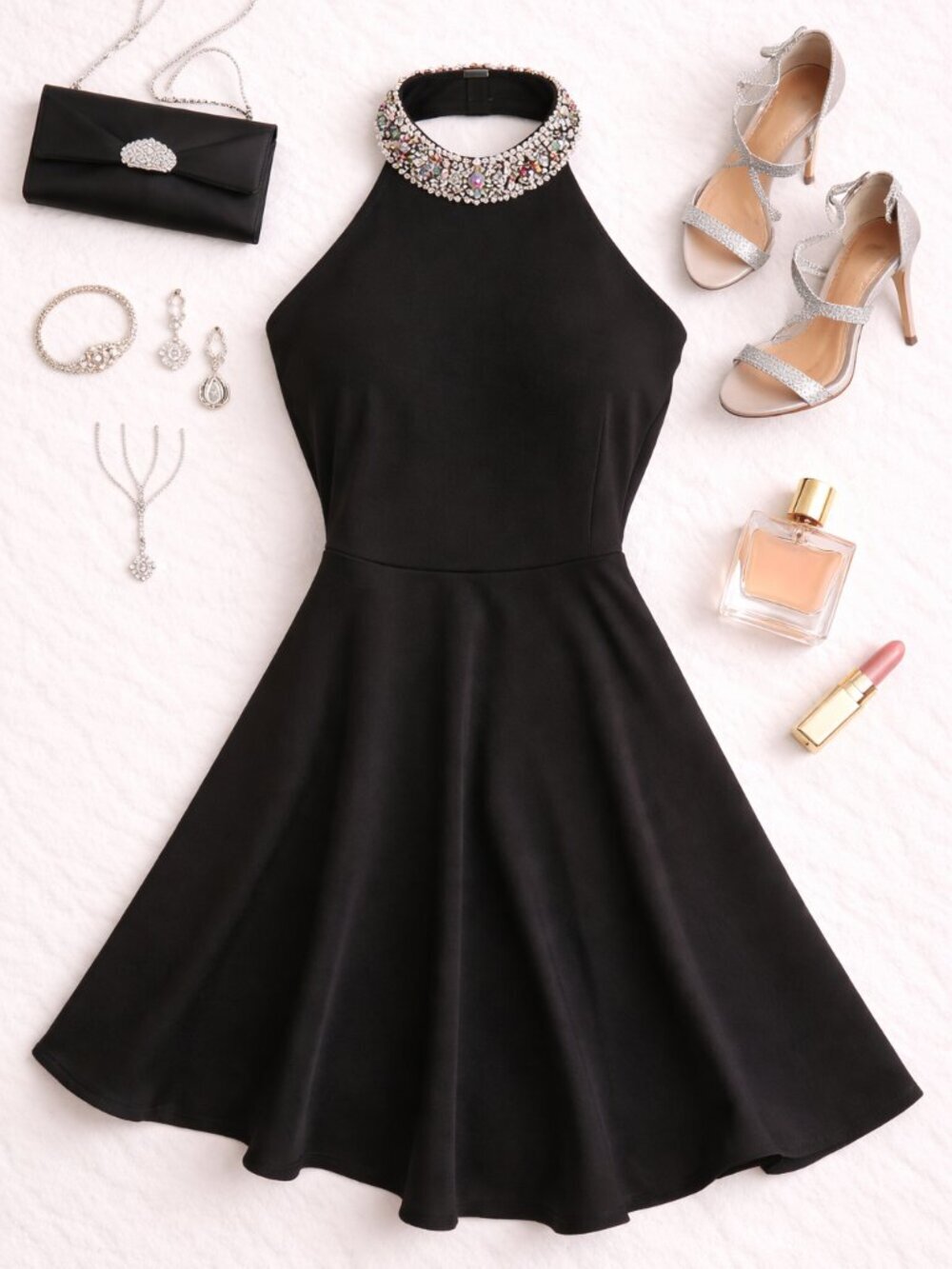 Lulus Black Halter Dress Embellished Neckline Fit Flare Sz S